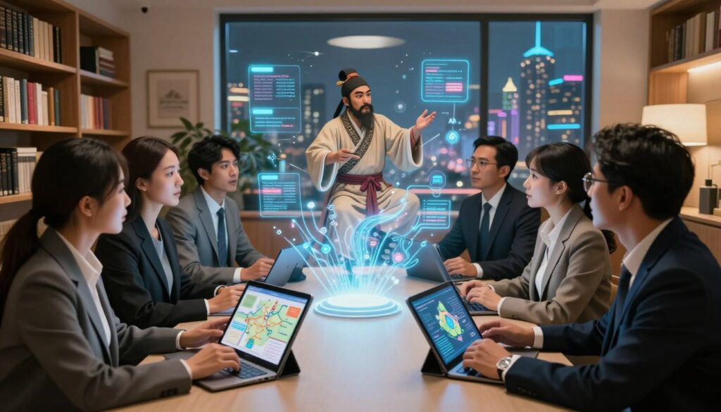 A beautifully crafted scene depicting the fusion of traditional storytelling and artificial intelligence. In the foreground, a diverse group of professionals in business attire sit around a modern table, engrossed in discussion. They are sharing digital tablets that display intricate story maps and AI-generated insights, blending ancient storytelling techniques with cutting-edge technology. The middle ground features a holographic interface projecting a classic storyteller weaving tales, surrounded by animated visuals that represent data flowing from AI algorithms. The background shows a cozy room with warm lighting, bookshelves filled with traditional literature, and a large window overlooking a futuristic cityscape, symbolizing the blend of past and future. The overall mood is innovative and inspiring, reflecting collaboration and creativity.