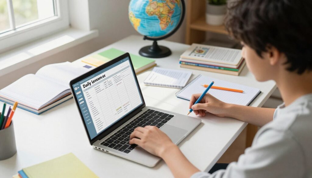 A bright, airy workspace featuring a neatly organized desk, where a person in modest casual clothing is scheduling daily lessons using a laptop. The foreground captures the individual intently focused on the screen with a notepad and colorful stationery scattered around. The middle layer highlights an open planner filled with neatly written notes, surrounded by educational materials like textbooks and a globe. The background reveals a cozy room with natural light streaming in through a window, casting soft shadows that enhance the inviting atmosphere. The overall mood is productive and inspiring, emphasizing creativity and organization in a homeschooling context. The composition uses a slightly elevated angle to offer a comprehensive view of the scene, emphasizing the use of technology for lesson planning. A bright, airy workspace featuring a neatly organized desk, where a person in modest casual clothing is scheduling daily lessons using a laptop. The foreground captures the individual intently focused on the screen with a notepad and colorful stationery scattered around. The middle layer highlights an open planner filled with neatly written notes, surrounded by educational materials like textbooks and a globe. The background reveals a cozy room with natural light streaming in through a window, casting soft shadows that enhance the inviting atmosphere. The overall mood is productive and inspiring, emphasizing creativity and organization in a homeschooling context. The composition uses a slightly elevated angle to offer a comprehensive view of the scene, emphasizing the use of technology for lesson planning.