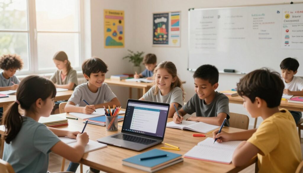 A bright and engaging study space designed for homeschoolers, featuring a well-organized wooden desk overflowing with colorful notebooks, art supplies, and a laptop with an active chat interface resembling AI-tailored prompts. In the foreground, a diverse group of students, dressed in modest casual clothing, excitedly collaborate on their assignments, reflecting a sense of joy and learning. The middle section includes a wall adorned with educational posters and a whiteboard filled with notes. In the background, soft sunlight filters through large windows, creating a warm and inviting atmosphere. The overall mood is one of creativity and intellectual curiosity, captured with a warm, natural lighting effect, using a slightly wide-angle lens to emphasize the collaborative environment. A bright and engaging study space designed for homeschoolers, featuring a well-organized wooden desk overflowing with colorful notebooks, art supplies, and a laptop with an active chat interface resembling AI-tailored prompts. In the foreground, a diverse group of students, dressed in modest casual clothing, excitedly collaborate on their assignments, reflecting a sense of joy and learning. The middle section includes a wall adorned with educational posters and a whiteboard filled with notes. In the background, soft sunlight filters through large windows, creating a warm and inviting atmosphere. The overall mood is one of creativity and intellectual curiosity, captured with a warm, natural lighting effect, using a slightly wide-angle lens to emphasize the collaborative environment.