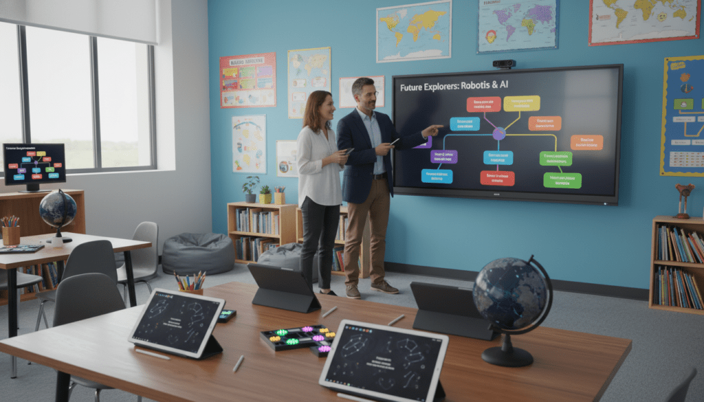 A bright and inviting classroom scene showcasing innovative educational tools and resources. In the foreground, a modern tabletop filled with high-tech devices like tablets and smart pens, alongside interactive educational games. In the middle, two educators, dressed in professional attire, enthusiastically discussing a digital lesson plan displayed on a sleek touchscreen monitor. The background features a vibrant wall with visual aids, such as colorful charts and educational posters, illuminated by natural light streaming through large windows. The atmosphere is collaborative and engaging, highlighting the spirit of homeschooling empowerment with technology. The angle is slightly elevated, capturing the depth of the classroom while emphasizing the interaction between the educators and the resources.