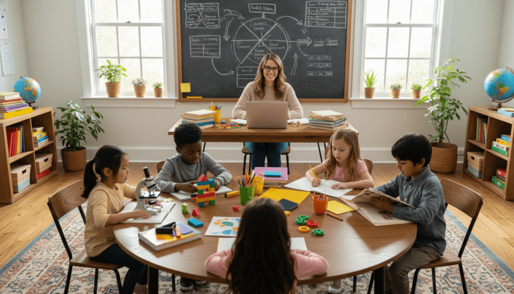 A bright, inviting homeschool environment showcasing a dedicated educator sitting at a modern, organized desk with a laptop open, surrounded by colorful educational materials and personalized lesson plans. In the foreground, a diverse group of engaged learners—children of different ages and backgrounds—collaborate at a large table, each with unique study materials tailored to their interests and learning styles. The middle ground features a chalkboard filled with charts and diagrams that represent individualized learning paths. Natural light floods the room through large windows, creating a warm and inspiring atmosphere. The mood is supportive and encouraging, emphasizing creativity and customization in education, captured with a wide-angle lens to encompass the collaborative scene. A bright, inviting homeschool environment showcasing a dedicated educator sitting at a modern, organized desk with a laptop open, surrounded by colorful educational materials and personalized lesson plans. In the foreground, a diverse group of engaged learners—children of different ages and backgrounds—collaborate at a large table, each with unique study materials tailored to their interests and learning styles. The middle ground features a chalkboard filled with charts and diagrams that represent individualized learning paths. Natural light floods the room through large windows, creating a warm and inspiring atmosphere. The mood is supportive and encouraging, emphasizing creativity and customization in education, captured with a wide-angle lens to encompass the collaborative scene.