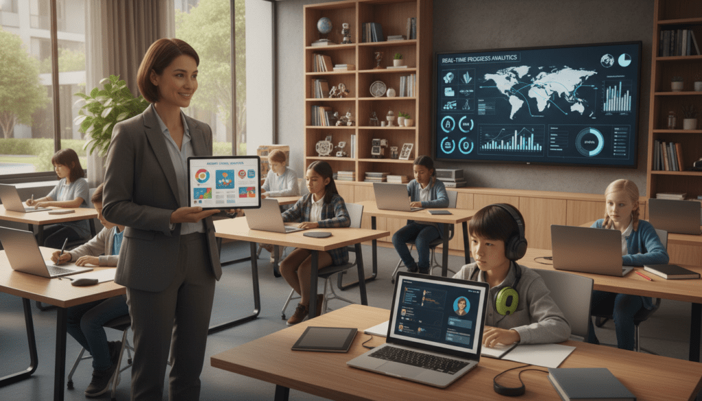 A bright, modern classroom featuring a diverse group of students engaged in personalized learning with the aid of advanced AI tools. In the foreground, a teacher in professional attire is interacting with a sleek tablet, showcasing colorful, interactive lesson plans. The students, varying in age and background, are seated at individual desks, each using laptops and AI software tailored to their unique learning styles. In the middle ground, a large digital screen displays vibrant infographics and real-time data analytics. The background shows shelves filled with educational resources, and large windows allow warm natural light to pour in, creating an inviting atmosphere. The overall mood is one of innovation and collaboration, highlighting the benefits of integrating AI into education.