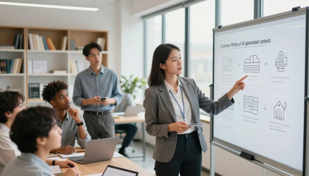 A bright, modern office setting featuring a diverse group of professionals engaged in a brainstorming session. In the foreground, a confident woman in professional attire is pointing at a digital whiteboard displaying common pitfalls of AI-generated content, like confusion and lack of originality, visually represented through symbolic icons. The middle ground shows colleagues of various backgrounds—two men and a woman—nodding and engaging in lively discussion, emphasizing collaboration. The background includes shelves filled with books on technology and creativity, soft natural light streaming through large windows creates an inviting atmosphere. The camera angle captures the interaction from a slightly elevated perspective, suggesting an overarching view of the team's efforts to overcome challenges. The overall mood is focused and motivational, highlighting the journey of improvement in AI content generation.
