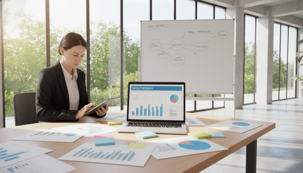 A bright, modern office space is depicted as the foreground, featuring a sleek wooden desk cluttered with colorful charts, sticky notes, and a laptop displaying product research analytics. To the left, a professional wearing business attire intently examines a document, emphasizing focus and strategy. In the middle ground, a whiteboard filled with brainstorming ideas and product outlines captures the viewer's attention, showcasing a collaborative atmosphere. The background reveals large windows allowing natural light to flood the room, casting soft shadows, and greenery visible outside adds a refreshing touch to the scene. The mood is energetic and inspirational, promoting innovation and strategic thinking in product research. The composition is well-lit, featuring a slight tilt to create a dynamic perspective. No text or watermarks are present. A bright, modern office space is depicted as the foreground, featuring a sleek wooden desk cluttered with colorful charts, sticky notes, and a laptop displaying product research analytics. To the left, a professional wearing business attire intently examines a document, emphasizing focus and strategy. In the middle ground, a whiteboard filled with brainstorming ideas and product outlines captures the viewer's attention, showcasing a collaborative atmosphere. The background reveals large windows allowing natural light to flood the room, casting soft shadows, and greenery visible outside adds a refreshing touch to the scene. The mood is energetic and inspirational, promoting innovation and strategic thinking in product research. The composition is well-lit, featuring a slight tilt to create a dynamic perspective. No text or watermarks are present.