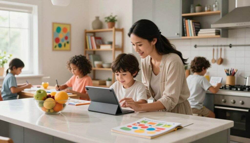 A bustling, modern kitchen filled with light and warmth, showcasing a multitasking mom working with a digital tablet, surrounded by her children engaged in various homeschooling activities. In the foreground, a colorful fruit bowl and educational materials are neatly organized on a countertop. In the middle, the mom, dressed in modest casual attire, assists her child as they explore interactive learning tools on the tablet. The background features a cozy living area with shelves of books and creative artwork, reflecting a vibrant learning environment. Soft, natural lighting streams through the window, creating an uplifting atmosphere. The scene conveys harmony and efficiency, highlighting how AI simplifies everyday processes for homeschooling moms.