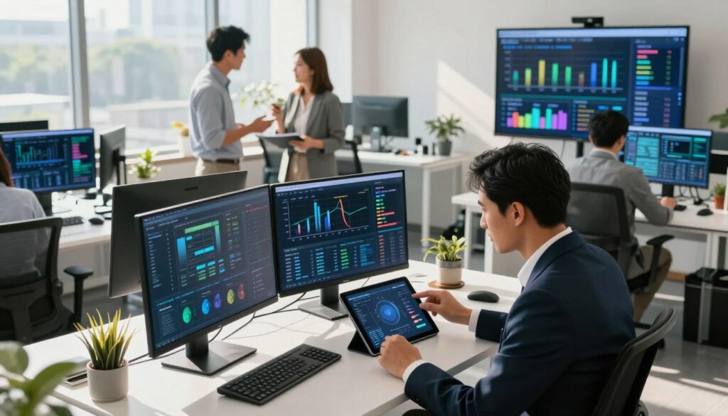 A bustling real estate office filled with modern, high-tech AI tools displayed prominently on sleek desks. In the foreground, a focused real estate agent in professional attire analyzes data on a digital tablet, while a large screen in the background showcases vibrant graphs and property listings optimized by AI. The office is brightly lit with natural sunlight streaming through large windows, casting soft shadows. In the middle ground, another agent discusses strategy with a colleague, both engaged and working collaboratively. The atmosphere is energetic and innovative, reflecting a professional environment dedicated to enhancing real estate marketing through advanced technology. The angle is slightly elevated to capture both the workspace and the dynamic interaction among agents, creating a sense of progress and modernization.