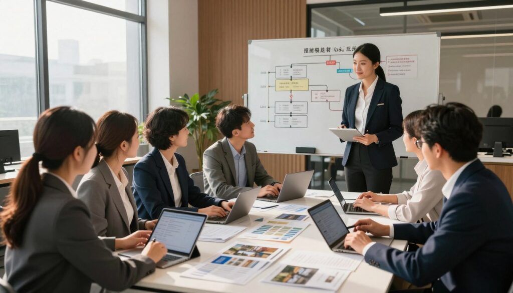A bustling real estate office scene, vividly depicting a real estate agent's workflow. In the foreground, a diverse group of professional agents, dressed in business attire, collaborates around a sleek modern table cluttered with digital tablets, listing documents, and property brochures. In the middle ground, a large whiteboard showcases a flowchart of project timelines and client follow-up tasks. The background features a stylish office space with large windows letting in warm, natural light, casting soft shadows that create a productive atmosphere. The ambiance is dynamic yet focused, capturing the essence of teamwork and innovation in real estate. The image is shot with a wide-angle lens to emphasize the collaborative environment, conveying energy and professionalism.