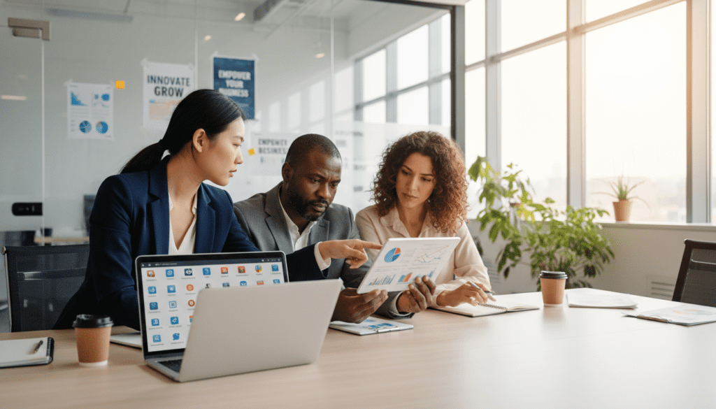 A busy office scene focusing on a diverse group of professionals gathered around a large conference table, engaged in a collaborative discussion about selecting tools for their business. In the foreground, a young Asian woman in formal attire is pointing at a sleek laptop, showcasing various software options. The middle ground features a middle-aged Black man and a Hispanic woman contemplating a digital tablet, analyzing graphs and charts. The background displays a bright, modern office with glass walls, plants, and motivational posters. Soft, natural light streams in from large windows, creating a warm and inviting atmosphere. The overall mood conveys professionalism, collaboration, and the pursuit of efficiency in choosing the right tools for success.