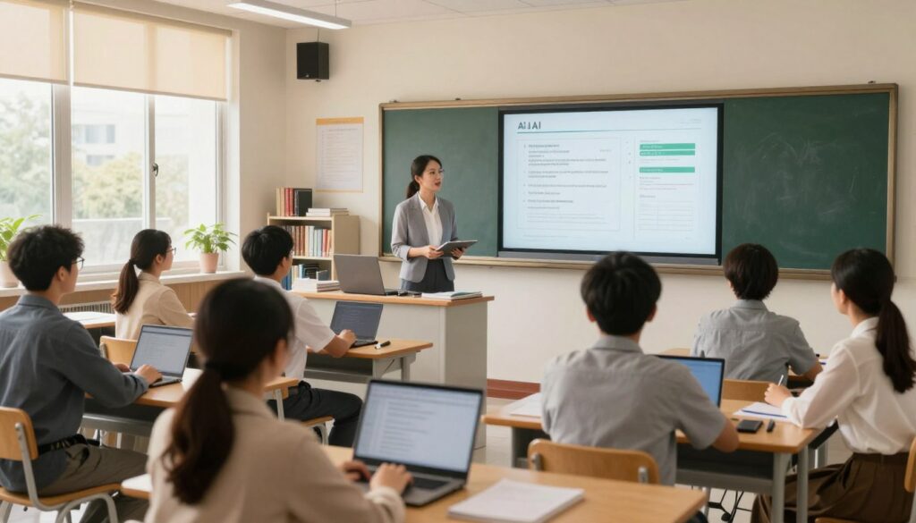 A classroom setting blending traditional and modern teaching methods. In the foreground, a teacher in professional attire engages with a diverse group of students seated at desks, some using laptops and tablets. In the middle, a digital whiteboard displays AI-generated lesson plans, while traditional materials like books and chalkboards are present. In the background, large windows let in warm, natural light, creating an inviting atmosphere. The room is well-organized, reflecting a harmonious blend of technology and traditional learning. The mood is collaborative and innovative, capturing the essence of integrating AI tools with conventional teaching techniques, showcasing a future-oriented educational environment. A classroom setting blending traditional and modern teaching methods. In the foreground, a teacher in professional attire engages with a diverse group of students seated at desks, some using laptops and tablets. In the middle, a digital whiteboard displays AI-generated lesson plans, while traditional materials like books and chalkboards are present. In the background, large windows let in warm, natural light, creating an inviting atmosphere. The room is well-organized, reflecting a harmonious blend of technology and traditional learning. The mood is collaborative and innovative, capturing the essence of integrating AI tools with conventional teaching techniques, showcasing a future-oriented educational environment.
