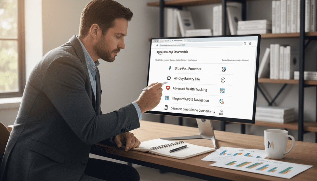 A clean, modern workspace featuring a digital device displaying an Amazon product listing with well-integrated bullet points. In the foreground, a thoughtful business professional, dressed in smart casual attire, is focused on the screen. They are using a stylus to highlight key points, conveying a sense of productivity and engagement. The middle-ground showcases an organized desk with notepads, a coffee mug, and a few colorful charts emphasizing marketing strategies. The background includes a soft blurred bookshelf filled with business books, creating a professional atmosphere. Warm, natural lighting filters in from a nearby window, enhancing the inviting mood. The composition captures the essence of effectively conveying information and engaging customers through bullet points.
