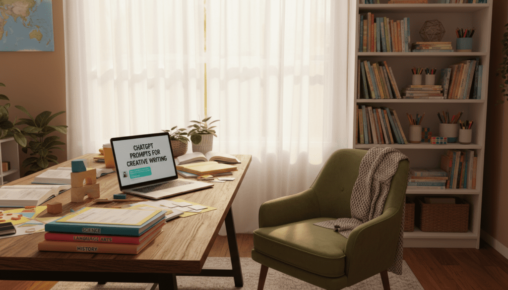 A cozy and inviting study space designed for homeschooling, featuring a wooden desk cluttered with colorful worksheets and educational materials. In the foreground, a well-organized stack of papers labeled with various subjects like math, science, and language arts, along with a laptop open to a screen displaying ChatGPT prompts. In the middle, a comfortable chair and a nearby bookshelf filled with children's books and art supplies. The background shows a sunny window with sheer curtains letting in soft, natural light, creating a warm atmosphere. The overall mood is inspiring and productive, emphasizing creativity and learning at home, with rich colors enhancing the educational vibe.