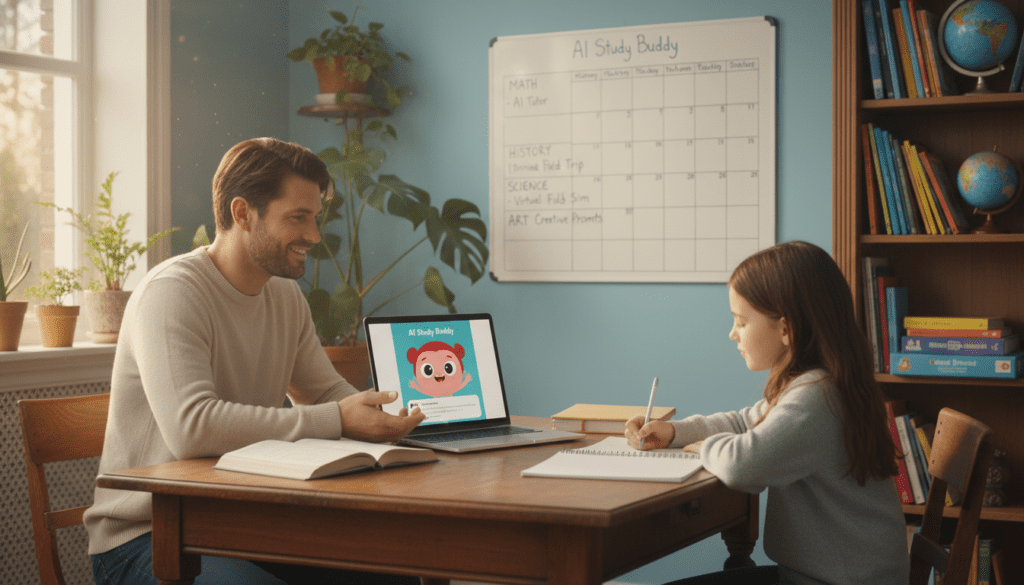 A cozy home study scene illustrates a balanced homeschool schedule managed with the help of AI. In the foreground, a parent and child, both in modest casual clothing, sit at a wooden table covered with books and a laptop displaying a friendly AI chatbot interface. The parent is engaged, pointing at the screen, while the child attentively takes notes. In the middle ground, a wall calendar shows clearly marked subjects and times, suggesting a well-organized schedule. Soft, natural light pours in from a nearby window, creating a warm and inviting atmosphere, complemented by indoor plants. In the background, a bookshelf filled with educational materials and resources adds to the scholarly environment. The image captures a sense of collaboration and focus, embodying modern homeschooling enhanced by technology.
