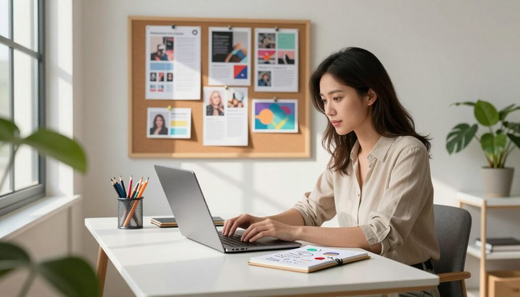 A cozy, modern home office scene, depicting a professional woman in her 30s, sitting at a sleek, minimalist desk. She types on a laptop with a focused expression, surrounded by vibrant Pinterest boards pinned to a corkboard in the background. Daylight filters through a large window, casting soft shadows and highlighting her neat workspace adorned with stylish stationery and a lush indoor plant. The medium shot captures her in business casual attire, with a notepad beside her filled with creative ideas for pin descriptions. The atmosphere is productive and inspiring, evoking a blend of creativity and technology, suitable for illustrating the process of using AI for brainstorming and writing Pinterest content.