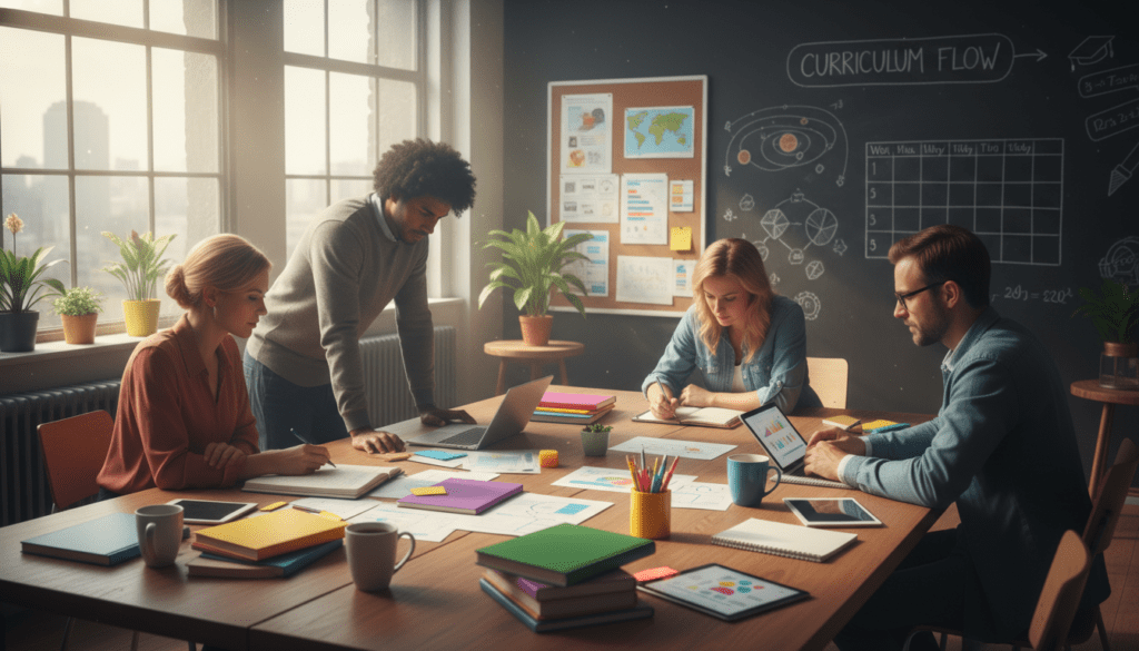 A cozy, modern workspace full of vibrant educational materials. In the foreground, a diverse group of teachers, dressed in professional attire, collaborates over lesson plans laid out on a large wooden table, surrounded by colorful books, notebooks, and digital tablets. The middle ground features a chalkboard filled with engaging diagrams and schedules, while a bulletin board showcases creative resources like flashcards and subject posters. In the background, large windows allow warm, natural light to flood the room, enhancing the welcoming atmosphere. The overall mood is focused, inspiring, and productive, depicting an environment where educational resources and lesson plans are actively generated and shared, fostering creativity and collaboration.