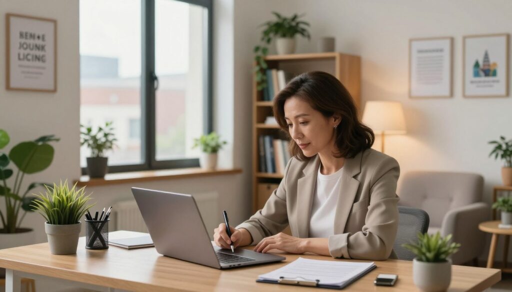 A cozy office space with soft, warm lighting creates a welcoming atmosphere. In the foreground, a mental health professional, a middle-aged woman in smart-casual attire, sits at her desk, intently writing therapy notes on a laptop, surrounded by potted plants and inspirational quotes on the walls. In the middle ground, a large window reveals a serene cityscape, indicating a busy yet thriving community. To the back, shelves filled with psychology books and a comfortable armchair hint at a safe space for clients. The mood is positive and productive, highlighting the success of utilizing technology in therapy. The image should capture focus, clarity, and warmth, emphasizing a professional yet inviting setting in the mental health field. A cozy office space with soft, warm lighting creates a welcoming atmosphere. In the foreground, a mental health professional, a middle-aged woman in smart-casual attire, sits at her desk, intently writing therapy notes on a laptop, surrounded by potted plants and inspirational quotes on the walls. In the middle ground, a large window reveals a serene cityscape, indicating a busy yet thriving community. To the back, shelves filled with psychology books and a comfortable armchair hint at a safe space for clients. The mood is positive and productive, highlighting the success of utilizing technology in therapy. The image should capture focus, clarity, and warmth, emphasizing a professional yet inviting setting in the mental health field.