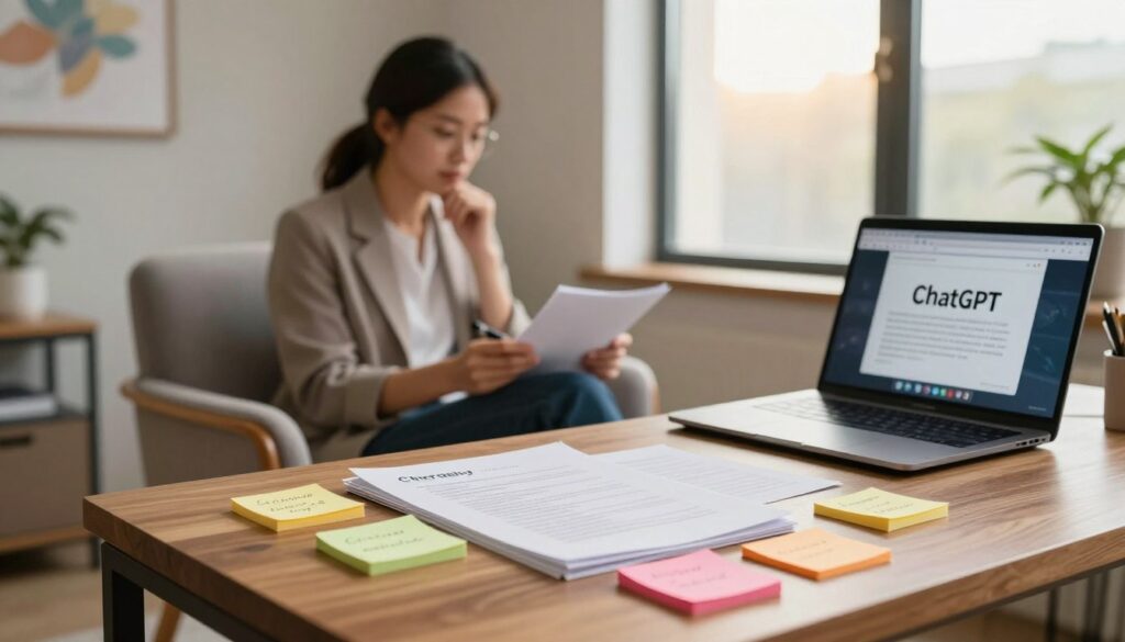 A cozy therapist's office featuring a comfortable armchair and a wooden desk with neatly organized therapy notes and a laptop showcasing a serene interface of ChatGPT. In the foreground, a stack of colorful sticky notes with brief success stories written on them, symbolizing positive outcomes. The middle ground includes a therapist, dressed in professional attire, thoughtfully reviewing a file, embodying a sense of focus and dedication. The background shows calming artwork and a large window letting in warm, soft natural light, creating an inviting atmosphere. The overall mood is uplifting and inspiring, highlighting the collaboration between technology and personal growth in therapy. No text or captions.