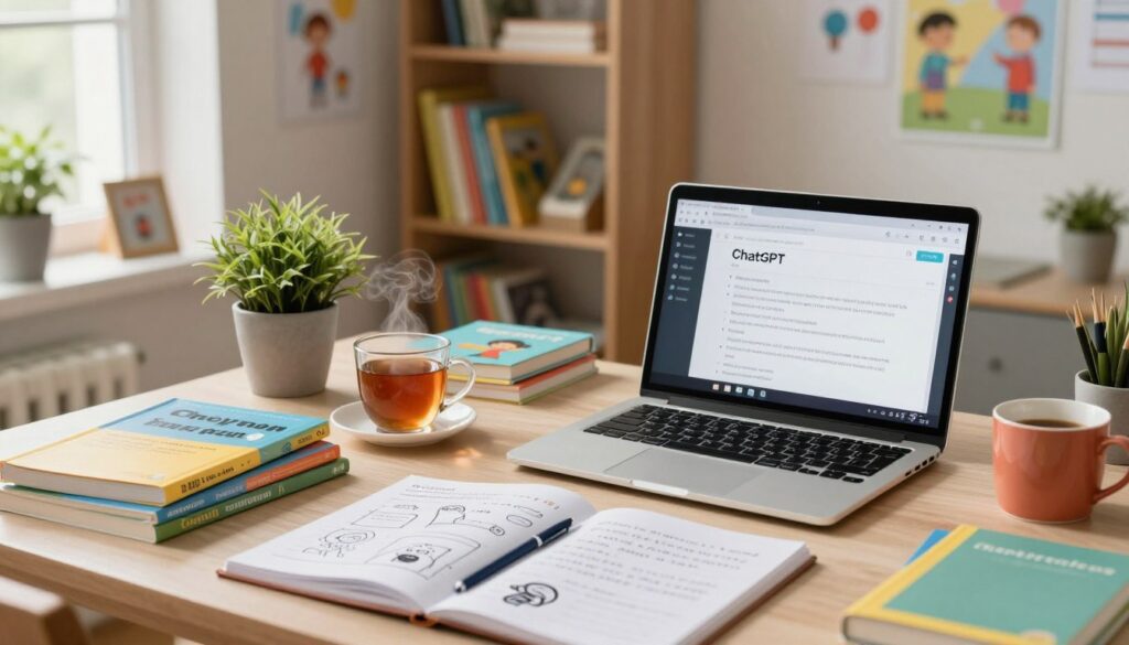 A cozy, well-lit home office filled with educational materials. In the foreground, a laptop displaying ChatGPT's interface, surrounded by colorful textbooks and handwritten notes about lesson plans. A cup of steaming tea sits nearby. In the middle, a thoughtfully arranged desk with a potted plant and a notepad featuring sketches of a personalized lesson plan. The background includes shelves filled with children's books and educational posters on the walls. Soft, natural light coming from a nearby window creates a warm, inviting atmosphere. The overall mood is focused and inspired, showing an environment ideal for creating tailored lesson plans. A cozy, well-lit home office filled with educational materials. In the foreground, a laptop displaying ChatGPT's interface, surrounded by colorful textbooks and handwritten notes about lesson plans. A cup of steaming tea sits nearby. In the middle, a thoughtfully arranged desk with a potted plant and a notepad featuring sketches of a personalized lesson plan. The background includes shelves filled with children's books and educational posters on the walls. Soft, natural light coming from a nearby window creates a warm, inviting atmosphere. The overall mood is focused and inspired, showing an environment ideal for creating tailored lesson plans.