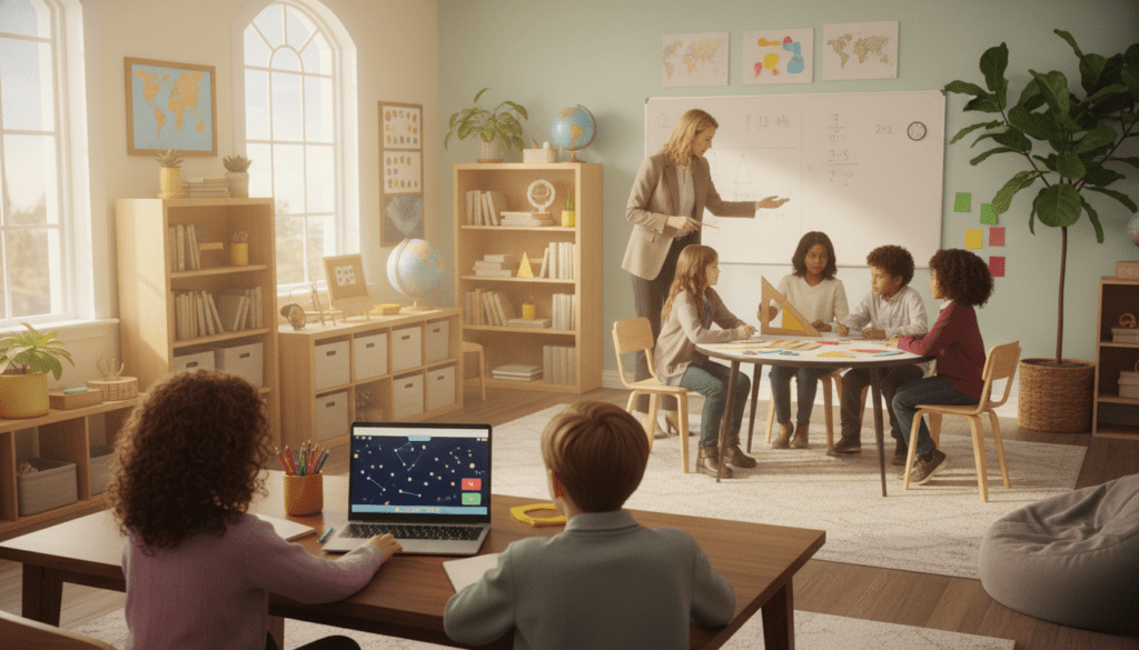 A cozy, well-lit homeschool learning environment featuring a diverse group of children engaged in various educational activities. In the foreground, a young girl and a boy sit together at a sturdy wooden table, focused on a laptop displaying an interactive learning program. They are dressed in modest casual clothing. In the middle, a teacher in professional business attire is guiding a small group of students on a math project, fostering collaboration and support. The background reveals a colorful, organized room, with shelves filled with books and educational materials, plants, and artwork on the walls, invoking a sense of creativity and safety. Soft, natural light filters through the windows, creating a warm and inviting atmosphere, emphasizing a nurturing and customized learning environment. The image captures a sense of community and encouragement, highlighting the importance of safety in education.