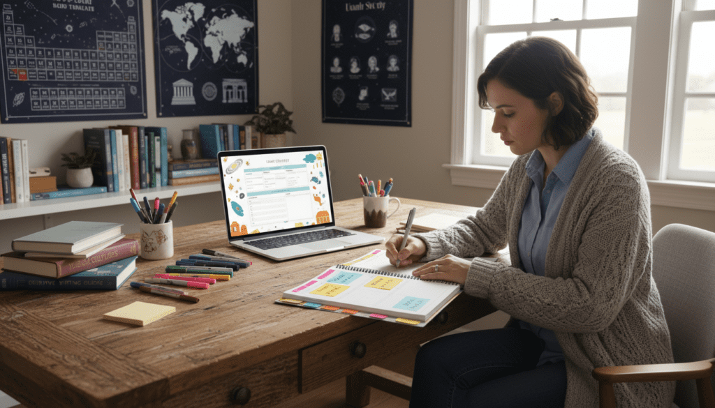 A cozy, well-organized home office scene depicting a person in smart casual attire sitting at a wooden desk, focused on setting up a personalized unit study planner. The foreground features an open planner filled with colorful tabs, sticky notes, and an assortment of pens scattered around. The middle ground shows a laptop with a bright screen displaying study materials, alongside books and educational resources. In the background, a wall covered with educational posters and a shelf filled with well-organized books creates an inspiring atmosphere. Soft, natural light filters through a nearby window, casting gentle shadows, enhancing the mood of creativity and productivity. The overall ambiance should convey a sense of calm and motivation, perfect for planning educational content.