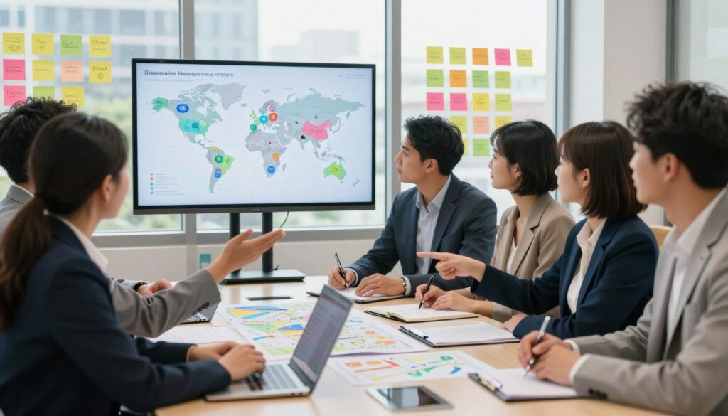 A diverse group of professionals gathered around a modern conference table, analyzing maps of the U.S. and world, showcasing various cultural symbols and icons on the screens behind them. The foreground features a woman in a smart blazer gesturing towards a digital display of localized messaging strategies, symbols of different regions appearing dynamically. In the middle, a man in a tailored suit is taking notes, while a woman in a modest dress is pointing at specific data points. The background is filled with colorful post-it notes representing different cultural nuances. Soft, natural lighting filters through large windows, creating a bright, collaborative atmosphere, with a slightly blurred view of an urban skyline outside. The image evokes a sense of focus and innovation in global communication.