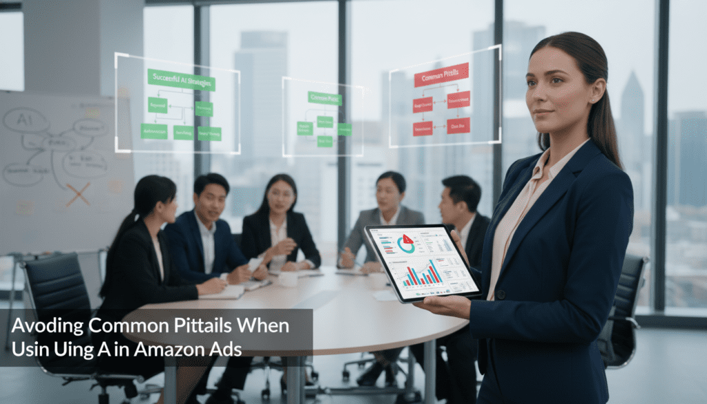 A dynamic business scene illustrating "Avoiding Common Pitfalls When Using AI in Amazon Ads". In the foreground, a confident professional woman in smart business attire, reviewing a digital tablet, displaying analytical charts related to Amazon advertising. In the middle ground, a diverse group of focused colleagues engaged in a brainstorming session around a table, surrounded by digital screens showcasing effective ad strategies and common mistakes. The background features a modern office with large windows, allowing natural light to flood the space, enhancing the collaborative atmosphere. The composition conveys a sense of innovation and teamwork, with a soft focus on the visuals that emphasize the importance of sound decision-making in using AI for advertising.
