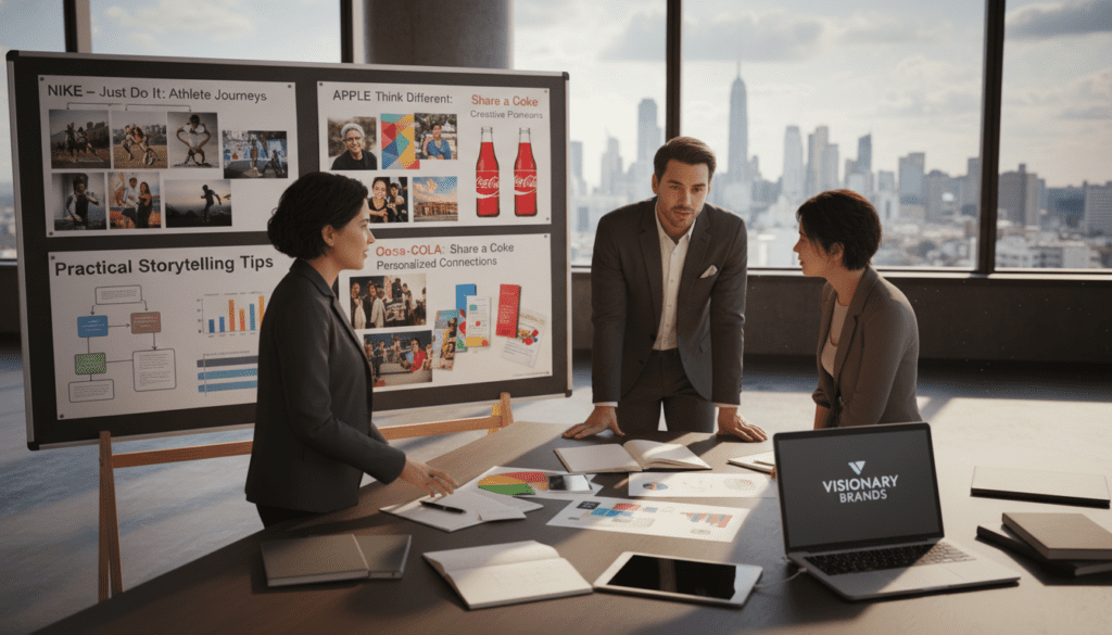 A dynamic, professional workspace showcasing real-world brand storytelling examples. In the foreground, a diverse group of three professionals in business attire engaged in lively discussion over a large visual board filled with examples of effective brand storytelling, including colorful infographics and captivating images. In the middle ground, a sleek modern table with branding materials, notebooks, and a laptop displaying a company logo. The background features large windows with natural light streaming in, revealing a city skyline. The atmosphere is inspiring and collaborative, with warm, inviting tones and soft shadows that create a sense of creativity and innovation. The composition should have a slight overhead angle to encompass the dynamic interaction and the storytelling materials, highlighting practical tips for effective storytelling. A dynamic, professional workspace showcasing real-world brand storytelling examples. In the foreground, a diverse group of three professionals in business attire engaged in lively discussion over a large visual board filled with examples of effective brand storytelling, including colorful infographics and captivating images. In the middle ground, a sleek modern table with branding materials, notebooks, and a laptop displaying a company logo. The background features large windows with natural light streaming in, revealing a city skyline. The atmosphere is inspiring and collaborative, with warm, inviting tones and soft shadows that create a sense of creativity and innovation. The composition should have a slight overhead angle to encompass the dynamic interaction and the storytelling materials, highlighting practical tips for effective storytelling.