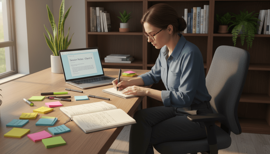 A focused and serene workspace featuring a wooden desk with an assortment of note-taking materials. In the foreground, an open notebook filled with neatly written notes, surrounded by colorful sticky notes and highlighters. A laptop displaying a simple note-taking app is visible, casting a soft glow. In the middle, a professional therapist, dressed in smart casual attire, is sitting in an ergonomic chair, deeply engaged in writing. Natural light streams from a nearby window, creating a warm and inviting atmosphere. In the background, a bookshelf filled with psychology books and plants adds a touch of professionalism. The overall mood is one of productivity and focus, underscoring the theme of enhancing note-taking skills in a therapeutic context. A focused and serene workspace featuring a wooden desk with an assortment of note-taking materials. In the foreground, an open notebook filled with neatly written notes, surrounded by colorful sticky notes and highlighters. A laptop displaying a simple note-taking app is visible, casting a soft glow. In the middle, a professional therapist, dressed in smart casual attire, is sitting in an ergonomic chair, deeply engaged in writing. Natural light streams from a nearby window, creating a warm and inviting atmosphere. In the background, a bookshelf filled with psychology books and plants adds a touch of professionalism. The overall mood is one of productivity and focus, underscoring the theme of enhancing note-taking skills in a therapeutic context.