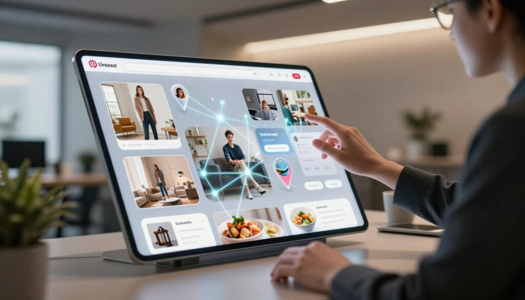 A futuristic visual search engine interface showcasing a dynamic digital workspace. In the foreground, a large, transparent screen displays various pins, images, and infographics related to fashion, home decor, and recipes, all interconnected by glowing lines. The middle features a person in professional attire, intently interacting with the screen using touch gestures, emphasizing engagement and innovation. The background is slightly blurred, depicting a modern office environment with soft ambient lighting, sleek furniture, and a potted plant, creating a warm and inviting atmosphere. Use a wide-angle lens effect to capture the immersive feel of the search engine, highlighting depth and interaction. The overall mood is one of creativity, exploration, and advanced technology, illustrating the essence of Pinterest as a powerful visual search engine.