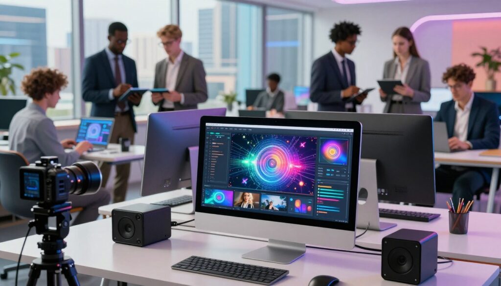 A futuristic workspace filled with vibrant colors, showcasing advanced AI-powered image and video tools. In the foreground, an elegant desktop featuring a high-resolution monitor displaying dynamic visuals created by AI, with mesmerizing graphics and video snippets. To the sides, sleek cameras and editing equipment, symbolizing innovation in content creation. The middle layer features a diverse group of professionals in business attire, engaged in discussions and analyzing data on tablets and laptops, showcasing collaboration. In the background, large windows revealing a bustling cityscape, infused with natural light, creating an inspiring atmosphere. The scene conveys a sense of creativity, technology integration, and teamwork, highlighting the significance of AI tools in modern social media management.