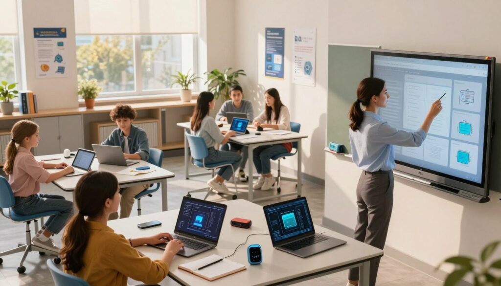 A modern classroom designed for AI integration, showcasing a blend of technology and traditional learning. In the foreground, a teacher in professional attire is setting up a smart board, adjusting its digital interface, with a connected laptop and various tech gadgets on a nearby desk. In the middle ground, students' desks are arranged into collaborative clusters, each equipped with tablets and AI learning tools, fostering interaction and engagement. The background features a large window letting in warm natural light, casting soft shadows across the room, and educational posters on the walls illustrating technology concepts. The atmosphere is one of innovation and excitement, emphasizing the seamless blend of AI and education, with bright and inviting colors that enhance the learning environment. A modern classroom designed for AI integration, showcasing a blend of technology and traditional learning. In the foreground, a teacher in professional attire is setting up a smart board, adjusting its digital interface, with a connected laptop and various tech gadgets on a nearby desk. In the middle ground, students' desks are arranged into collaborative clusters, each equipped with tablets and AI learning tools, fostering interaction and engagement. The background features a large window letting in warm natural light, casting soft shadows across the room, and educational posters on the walls illustrating technology concepts. The atmosphere is one of innovation and excitement, emphasizing the seamless blend of AI and education, with bright and inviting colors that enhance the learning environment.