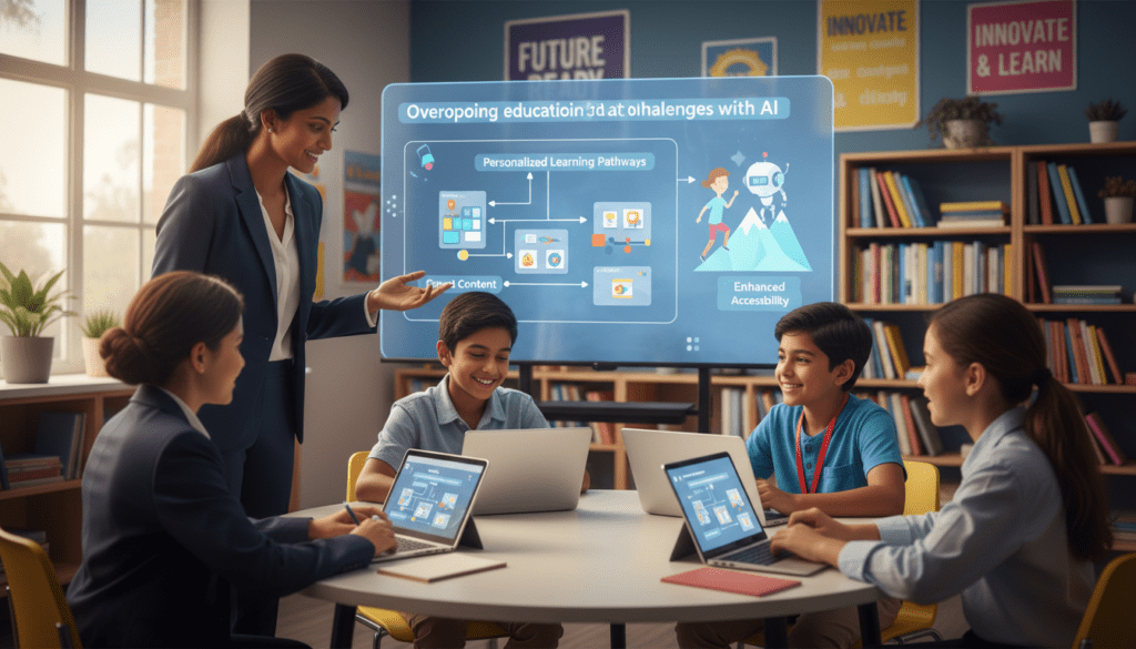 A modern classroom filled with diverse students engaged with AI-powered educational tools. In the foreground, a teacher in professional attire guides a group of students, who are interacting with tablets and laptops, displaying enthusiasm and curiosity. Centered in the middle ground, a large screen shows visual examples of overcoming challenges in education through AI, such as personalized learning pathways and engaging content. The background features colorful educational posters and bookshelves, creating an inviting atmosphere. Soft, warm lighting illuminates the scene, enhancing the feeling of collaboration and innovation, while a wide-angle perspective captures the depth of the classroom. The mood is optimistic and inspiring, reflecting the potential of AI in enhancing learning experiences.