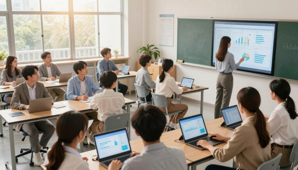 A modern classroom scene brimming with activity to illustrate streamlined classroom management using AI. In the foreground, a diverse group of teachers, dressed in professional business attire, are interacting with AI-driven tablets and smart boards, displaying graphs and data for effective lesson planning. The middle layer features neatly arranged desks with students attentively engaged, showing a harmonious learning environment. In the background, large windows let in warm, natural light, illuminating the room and creating a bright, inspiring atmosphere. The overall mood is collaborative and innovative, showcasing the integration of technology in education. The angle is slightly elevated, providing a comprehensive view of the classroom dynamics. A modern classroom scene brimming with activity to illustrate streamlined classroom management using AI. In the foreground, a diverse group of teachers, dressed in professional business attire, are interacting with AI-driven tablets and smart boards, displaying graphs and data for effective lesson planning. The middle layer features neatly arranged desks with students attentively engaged, showing a harmonious learning environment. In the background, large windows let in warm, natural light, illuminating the room and creating a bright, inspiring atmosphere. The overall mood is collaborative and innovative, showcasing the integration of technology in education. The angle is slightly elevated, providing a comprehensive view of the classroom dynamics.