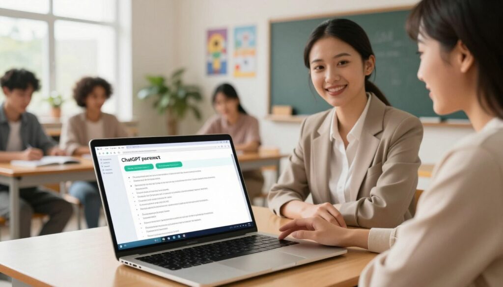 A modern classroom scene focused on a digital interface displaying ChatGPT parent communication templates. In the foreground, a sleek laptop with an open screen showcasing colorful templates for parent communications, organized neatly for easy access. In the middle ground, a teacher, dressed in professional attire, is engaging with the laptop, smiling confidently as they assist a group of parents nearby, who are attentively observing. The background features a well-lit classroom with a chalkboard, educational posters, and plants, creating a warm, inviting atmosphere. Soft, natural lighting filters through large windows, casting gentle shadows and highlighting the innovative technology. The mood is collaborative and optimistic, emphasizing ease and efficiency in parent-teacher communication.