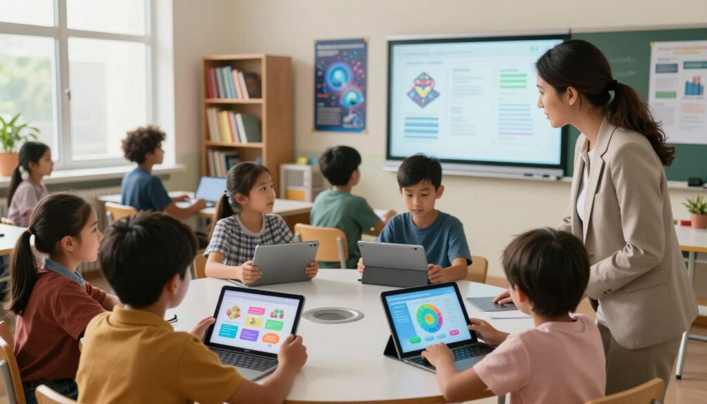 A modern classroom setting filled with diverse students engaged with AI-driven tools. In the foreground, a teacher, dressed in professional attire, guides a group of children who are using tablets and interactive screens displaying colorful educational content. In the middle ground, several other students collaborate at a round table, analyzing data visualizations projected on a smartboard, embodying teamwork and engagement. The background features shelves of books and educational posters on AI technology, creating an inspiring atmosphere. Soft natural light filters in through large windows, highlighting the warmth and excitement of learning. The overall mood is vibrant and innovative, showcasing the integration of technology in education.
