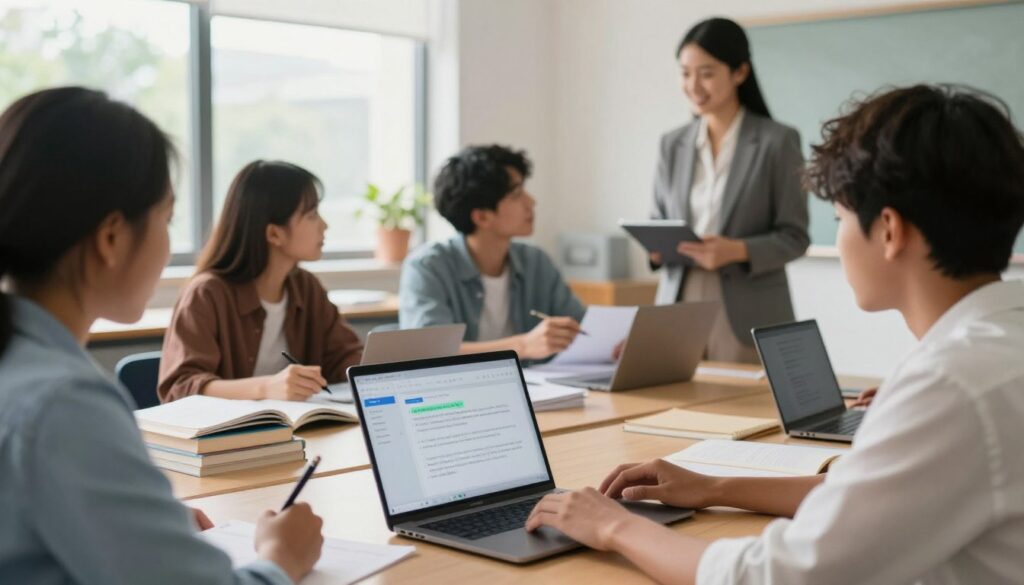 A modern classroom setting where a diverse group of students are engaged in revision activities. In the foreground, a student of African descent uses a laptop with an AI interface displayed on the screen, showing highlights and suggestions for improvement. In the middle ground, a student of Asian descent is discussing notes with a classmate, both appearing focused and inspired, surrounded by books and digital devices. In the background, a teacher, dressed in professional attire, observes the students with a smile, holding a tablet that displays feedback. Natural light streams through large windows, creating a bright and inviting atmosphere. The overall mood is collaborative and innovative, highlighting the integration of AI in enhancing student learning and revision processes. A modern classroom setting where a diverse group of students are engaged in revision activities. In the foreground, a student of African descent uses a laptop with an AI interface displayed on the screen, showing highlights and suggestions for improvement. In the middle ground, a student of Asian descent is discussing notes with a classmate, both appearing focused and inspired, surrounded by books and digital devices. In the background, a teacher, dressed in professional attire, observes the students with a smile, holding a tablet that displays feedback. Natural light streams through large windows, creating a bright and inviting atmosphere. The overall mood is collaborative and innovative, highlighting the integration of AI in enhancing student learning and revision processes.