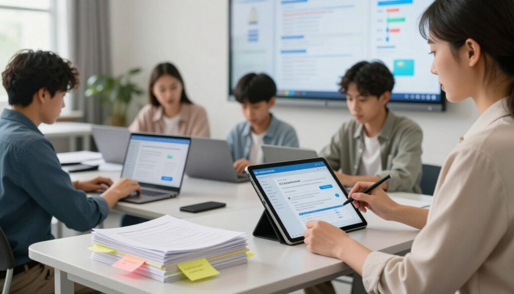 A modern classroom setting with a teacher, dressed in professional attire, sitting at a sleek desk filled with digital devices, efficiently grading papers on a high-tech tablet. In the foreground, showcase a stack of neatly organized papers and colorful sticky notes, symbolizing effective assessment methods. In the middle, depict a diverse group of attentive students engaged dynamically with their laptops and tablets, exploring assessment tools displayed on their screens. The background should feature a large digital display showcasing data analytics related to student performance, illuminated softly with natural lighting that creates a warm, inviting atmosphere. The overall mood should be one of focus and innovation, highlighting the blend of technology and education for enhanced grading efficiency.
