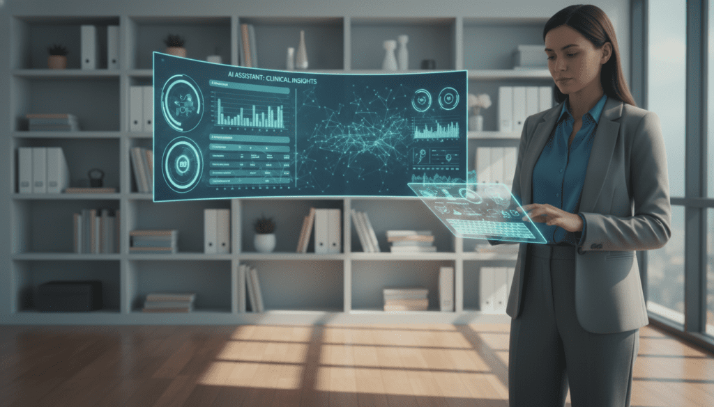 A modern clinical office with a focus on integrating AI into daily workflows. In the foreground, a healthcare professional in smart business attire is interacting with a sleek, transparent tablet displaying graphs and patient data. The middle ground features a large screen showcasing real-time AI-generated insights and progress notes, enhancing the clinician's task management. In the background, soft-focus shelves filled with medical books and organized files create a professional atmosphere, while a window lets in warm, natural light, casting gentle shadows. The scene conveys a sense of efficiency, innovation, and collaboration, embodying a progressive healthcare environment where AI supports mental health professionals in their work.