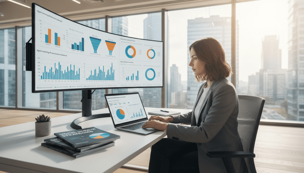 A modern digital workspace setting, showcasing a laptop open to a colorful dashboard displaying analytics related to Amazon Advertising. In the foreground, a focused professional woman in smart casual attire is typing on the laptop, surrounded by charts and graphs on a large screen behind her. The middle ground features a sleek desk with marketing materials like brochures and a notepad filled with notes, alongside a plant for a touch of greenery. The background highlights a bright office with large windows, allowing natural light to flood the scene, creating a vibrant and inspiring atmosphere. The overall mood exudes productivity, innovation, and strategic thinking, with an emphasis on advanced digital marketing techniques. The image is captured using a wide-angle lens to encompass the workspace dynamic. A modern digital workspace setting, showcasing a laptop open to a colorful dashboard displaying analytics related to Amazon Advertising. In the foreground, a focused professional woman in smart casual attire is typing on the laptop, surrounded by charts and graphs on a large screen behind her. The middle ground features a sleek desk with marketing materials like brochures and a notepad filled with notes, alongside a plant for a touch of greenery. The background highlights a bright office with large windows, allowing natural light to flood the scene, creating a vibrant and inspiring atmosphere. The overall mood exudes productivity, innovation, and strategic thinking, with an emphasis on advanced digital marketing techniques. The image is captured using a wide-angle lens to encompass the workspace dynamic.