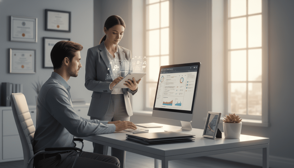 A modern healthcare office setting with a doctor and an administrative assistant working together on digital devices. In the foreground, the doctor, dressed in professional attire, is focused on a tablet displaying AI-powered documentation tools. The assistant, also in professional clothing, is typing into a computer, showcasing a sleek interface with charts and graphs. In the middle, an organized desk brimming with medical charts and a plant adds a touch of greenery, while the walls are adorned with framed medical certifications. The background features soft natural light filtering through large windows, creating a warm and inviting atmosphere. The composition should have a slight depth of field, emphasizing the technology in the foreground while softly blurring the background. The overall mood is innovative and efficient. A modern healthcare office setting with a doctor and an administrative assistant working together on digital devices. In the foreground, the doctor, dressed in professional attire, is focused on a tablet displaying AI-powered documentation tools. The assistant, also in professional clothing, is typing into a computer, showcasing a sleek interface with charts and graphs. In the middle, an organized desk brimming with medical charts and a plant adds a touch of greenery, while the walls are adorned with framed medical certifications. The background features soft natural light filtering through large windows, creating a warm and inviting atmosphere. The composition should have a slight depth of field, emphasizing the technology in the foreground while softly blurring the background. The overall mood is innovative and efficient.