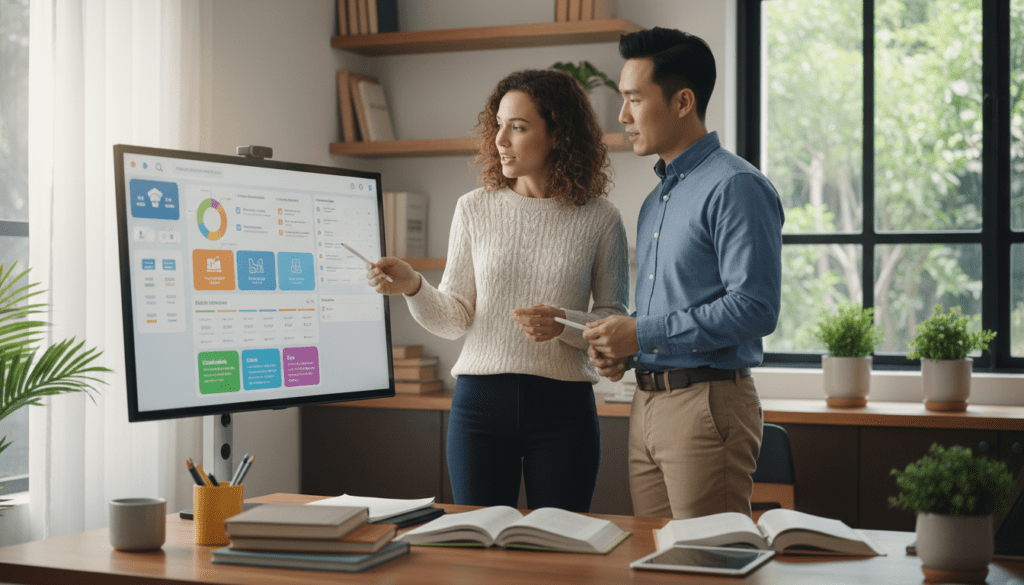 A modern home office setting bathed in soft, natural light, showcasing a diverse group of two educators, a woman and a man, collaborating over an interactive digital display. They are engaged in curriculum planning, with colorful charts and educational apps visible on the screen. In the foreground, various educational materials like books and tablets are neatly arranged. In the middle, the educators are dressed in professional casual attire, discussing ideas enthusiastically. The background features a well-organized workspace with potted plants and a large window that lets in daylight, creating a warm and inviting atmosphere. The overall mood is one of innovation and teamwork, symbolizing the transformative impact of AI in curriculum planning. The image should focus on clarity and professionalism, capturing the essence of modern education technology.