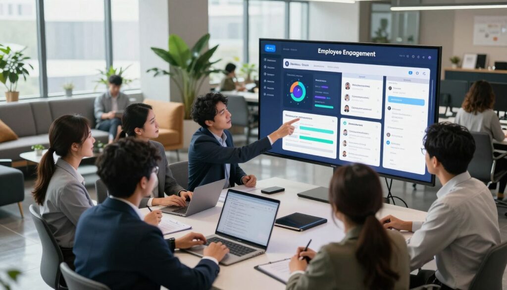 A modern, interactive employee engagement platform displayed on a large digital screen in a contemporary office setting. In the foreground, diverse professionals in business attire are engaged in discussion around a sleek table, pointing at the screen which shows colorful graphs, surveys, and employee feedback tools. The middle ground features a comfortable lounge area with greenery and soft seating, fostering a collaborative atmosphere. In the background, large windows let in natural light, creating a bright and open environment. The scene is infused with a sense of innovation and teamwork, emphasizing the importance of AI in enhancing employee engagement. The angle is slightly elevated, providing a comprehensive view of the workspace, enhancing the depth of the image. A modern, interactive employee engagement platform displayed on a large digital screen in a contemporary office setting. In the foreground, diverse professionals in business attire are engaged in discussion around a sleek table, pointing at the screen which shows colorful graphs, surveys, and employee feedback tools. The middle ground features a comfortable lounge area with greenery and soft seating, fostering a collaborative atmosphere. In the background, large windows let in natural light, creating a bright and open environment. The scene is infused with a sense of innovation and teamwork, emphasizing the importance of AI in enhancing employee engagement. The angle is slightly elevated, providing a comprehensive view of the workspace, enhancing the depth of the image.