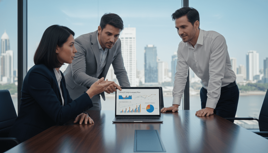 A modern office environment featuring a sleek conference table in the foreground, with an open laptop showcasing data analytics and performance metrics related to ChatGPT improvement plans. In the middle ground, a diverse group of three professionals in business attire—two men and one woman—are engaged in a collaborative discussion, pointing at the laptop screen and using hand gestures to emphasize their ideas. The background includes a large glass window with a city skyline view, bathed in soft, natural daylight filtering through, creating a bright and optimistic atmosphere. The overall mood is one of motivation and teamwork, reflecting the significance of performance improvement plans in enhancing productivity and innovation. A modern office environment featuring a sleek conference table in the foreground, with an open laptop showcasing data analytics and performance metrics related to ChatGPT improvement plans. In the middle ground, a diverse group of three professionals in business attire—two men and one woman—are engaged in a collaborative discussion, pointing at the laptop screen and using hand gestures to emphasize their ideas. The background includes a large glass window with a city skyline view, bathed in soft, natural daylight filtering through, creating a bright and optimistic atmosphere. The overall mood is one of motivation and teamwork, reflecting the significance of performance improvement plans in enhancing productivity and innovation.