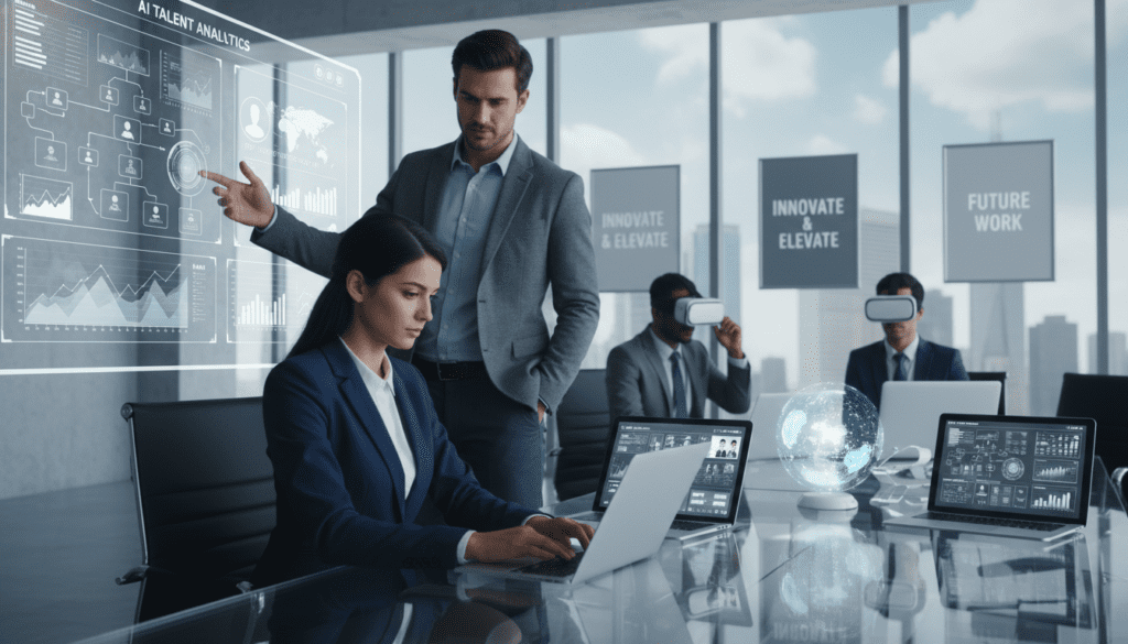 A modern office environment showcasing a diverse team of HR professionals engaged with advanced automated recruiting tools. In the foreground, a woman in a sharp business suit is analyzing data on a sleek laptop, while a man in a smart casual outfit stands beside her discussing insights from a digital dashboard displayed on a large screen. The middle ground features a variety of high-tech gadgets, including AI-driven applications on tablets and virtual reality headsets. The background reveals a bright, open space with motivational posters about innovation and a clear view of city skyscrapers through large windows. Soft, natural lighting enhances the professional atmosphere, conveying a sense of collaboration and cutting-edge technology. The overall mood is dynamic and futuristic, reflecting the transformative power of AI in talent acquisition.