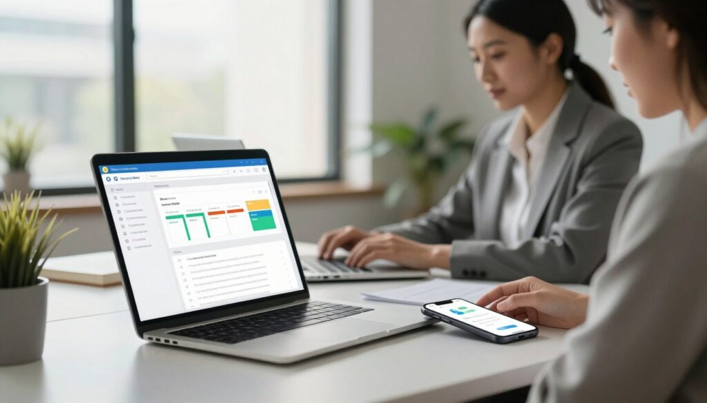 A modern office environment showcasing a sleek desk with therapy notes automation tools. In the foreground, a laptop displays a user-friendly interface with colorful charts and structured text, symbolizing efficient note-taking. A smartphone is nearby, showing a notification from a therapy notes app. In the middle ground, a calm therapist in business attire, focused and engaged, types on the laptop. A large window in the background allows natural light to pour in, illuminating the room and creating a warm, productive atmosphere. Soft plants and organized stationery enhance the sense of tranquility and efficiency. The overall mood reflects professionalism and innovation, emphasizing the theme of improving workflow in therapy note-taking.