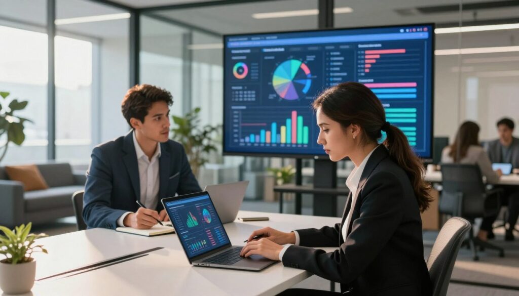 A modern office environment where a diverse group of three professionals are preparing for AI-assisted performance reviews. In the foreground, a woman in smart business attire sits at a sleek desk, reviewing performance metrics on a laptop, focused and engaged. Beside her, a man in a tailored suit is jotting down notes on a notepad, glancing at the screen with a thoughtful expression. In the middle ground, a large digital display shows AI analytics data, visually vibrant and informative, with graphs and charts related to performance reviews. The background features a bright and airy office with glass walls, comfortable seating areas, and plants, illuminated by warm natural light filtering through the windows. The atmosphere is one of collaboration, innovation, and professionalism, conveying a sense of preparation and proactive engagement in the performance review process. A modern office environment where a diverse group of three professionals are preparing for AI-assisted performance reviews. In the foreground, a woman in smart business attire sits at a sleek desk, reviewing performance metrics on a laptop, focused and engaged. Beside her, a man in a tailored suit is jotting down notes on a notepad, glancing at the screen with a thoughtful expression. In the middle ground, a large digital display shows AI analytics data, visually vibrant and informative, with graphs and charts related to performance reviews. The background features a bright and airy office with glass walls, comfortable seating areas, and plants, illuminated by warm natural light filtering through the windows. The atmosphere is one of collaboration, innovation, and professionalism, conveying a sense of preparation and proactive engagement in the performance review process.
