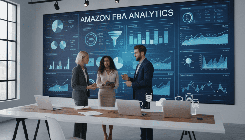 A modern office environment with a large digital screen displaying various data visualizations, such as graphs, charts, and analytics related to Amazon FBA selling. In the foreground, a diverse group of three professionals in business attire, one male and two female, are intently discussing the data. Their expressions reflect focus and collaboration. The middle layer showcases a sleek, minimalist desk with laptops, notebooks, and data source icons visible. In the background, large windows allow natural light to flood the room, creating a bright and productive atmosphere. The scene is styled with a professional, tech-savvy ambiance, using dramatic lighting to highlight the screen and the participants. The angle is slightly above eye level, providing a dynamic viewpoint on the interaction and the data presented.