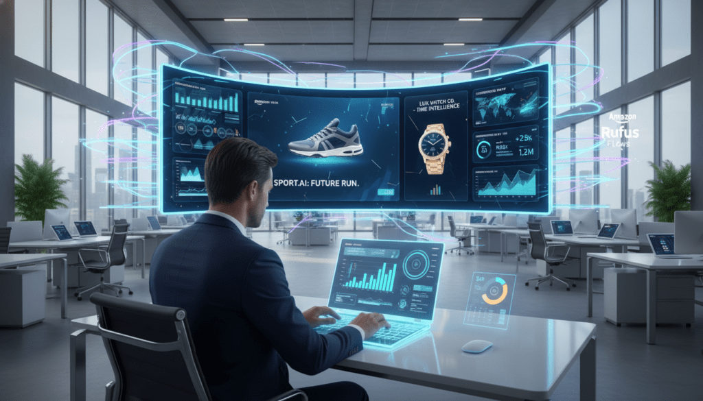 A modern office environment with a sleek, futuristic design, demonstrating the concept of leveraging AI prompts in sponsored ads. In the foreground, a professional business person in smart attire, focused on their laptop, with graphs and data visualizations glowing on the screen. In the middle, a large digital display showcasing dynamic AI-driven ad campaigns with product images and analytical metrics, surrounded by vibrant holographic interfaces representing Amazon Rufus Flows. The background features a bright, open workspace with soft natural lighting filtering through large windows, and minimalist decor to evoke a sense of innovation and technology. The mood is energetic, showcasing a fusion of creativity and data analysis to inspire sales growth in the Amazon marketplace.