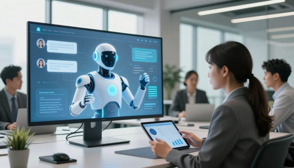 A modern office scene featuring an AI-driven chatbot interface on a large screen, surrounded by diverse professionals in business attire discussing customer service strategies. In the foreground, a focused woman analyzing data on a tablet. In the middle ground, a sleek, futuristic chatbot hologram interacting with a digital interface, displaying customer queries and responses. The background shows a bright, contemporary office with large windows allowing natural light to flood in, creating a vibrant and energetic atmosphere. Soft, diffused lighting enhances the high-tech feel, while a slight depth of field focuses on the chatbot without distractions, reflecting the advanced nature of AI in customer service. A modern office scene featuring an AI-driven chatbot interface on a large screen, surrounded by diverse professionals in business attire discussing customer service strategies. In the foreground, a focused woman analyzing data on a tablet. In the middle ground, a sleek, futuristic chatbot hologram interacting with a digital interface, displaying customer queries and responses. The background shows a bright, contemporary office with large windows allowing natural light to flood in, creating a vibrant and energetic atmosphere. Soft, diffused lighting enhances the high-tech feel, while a slight depth of field focuses on the chatbot without distractions, reflecting the advanced nature of AI in customer service.