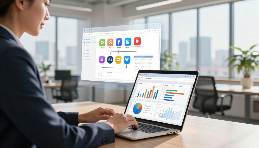 A modern office scene focused on automation workflow optimization for social media management. In the foreground, a confident business professional in professional attire is interacting with a sleek laptop, showcasing intricate graphs and workflow diagrams on the screen. The middle layer depicts a sophisticated digital interface, with automation tools and social media icons designed in vibrant colors. The background features a bright, airy office space bathed in natural light, with large windows overlooking a cityscape. Soft shadows cast by indoor plants enhance the mood of productivity and innovation. The atmosphere conveys a sense of efficiency and forward-thinking, emphasizing the impact of AI in streamlining social media tasks. The image should evoke a sense of clarity, professionalism, and high-tech advancement. A modern office scene focused on automation workflow optimization for social media management. In the foreground, a confident business professional in professional attire is interacting with a sleek laptop, showcasing intricate graphs and workflow diagrams on the screen. The middle layer depicts a sophisticated digital interface, with automation tools and social media icons designed in vibrant colors. The background features a bright, airy office space bathed in natural light, with large windows overlooking a cityscape. Soft shadows cast by indoor plants enhance the mood of productivity and innovation. The atmosphere conveys a sense of efficiency and forward-thinking, emphasizing the impact of AI in streamlining social media tasks. The image should evoke a sense of clarity, professionalism, and high-tech advancement.
