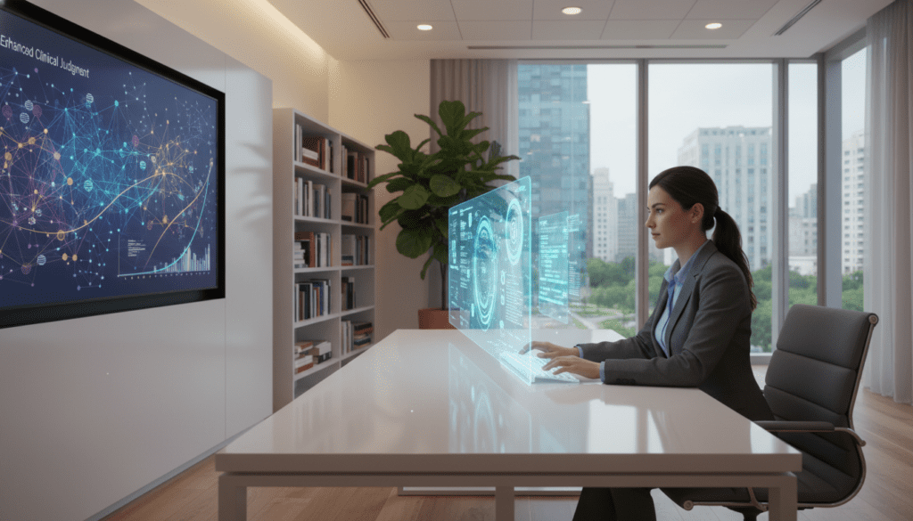 A modern office setting depicting a clinical healthcare professional seated at a sleek desk, engaging with a holographic AI interface displayed above the desk. The professional, dressed in professional business attire, is focused on analyzing data visualizations and patient notes projected by the AI. To the side, a large digital screen shows graphs and neural network patterns indicating enhanced clinical judgment capabilities. The atmosphere is bright and innovative, with warm, soft lighting creating a sense of collaboration and advancement. In the background, shelves lined with medical textbooks and a potted plant enhance the professional feel, while floor-to-ceiling windows let in natural light, providing a view of a well-kept urban environment outside.